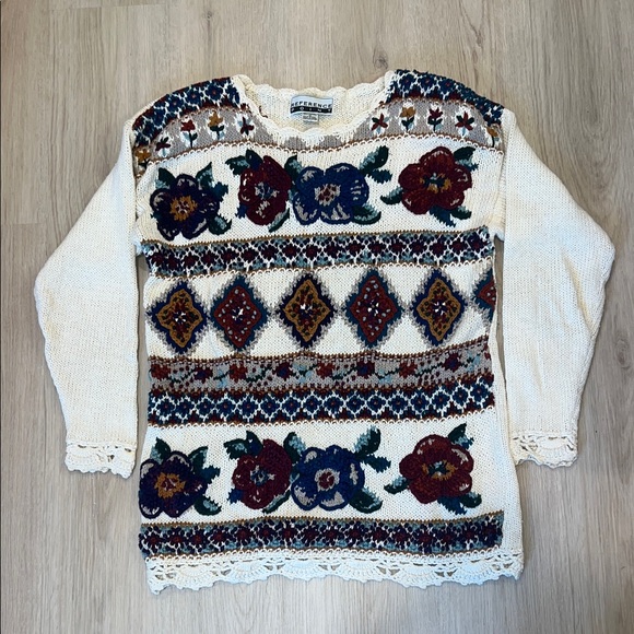 Y2K Vintage Reference Point Size Medium Floral Patterned Cream Sweater - Picture 1 of 10